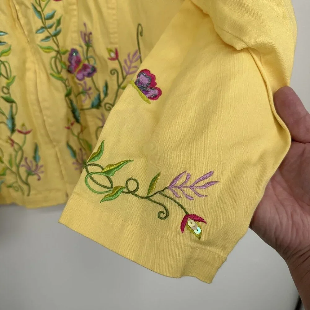 Quacker Factory Yellow Zip‎ Up Jacket Embroidered Butterfly Garden Size 3X